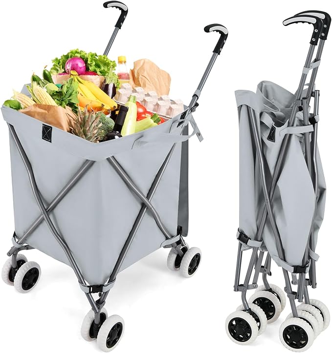 Goplus Folding Shopping Cart with Wheels, Grocery Cart with Removable Oxford Cloth Liner, Lightweight Utility Cart for Groceries Laundry, Gray