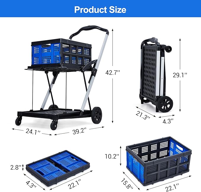 Heavy-Duty 2-Tier Folding Utility Cart with Wheels – Collapsible Shopping Trolley – Removable Storage Crate, 198 lb Capacity, Lightweight Portable Aluminum, Outdoor Garden Yard Wagon – Blue