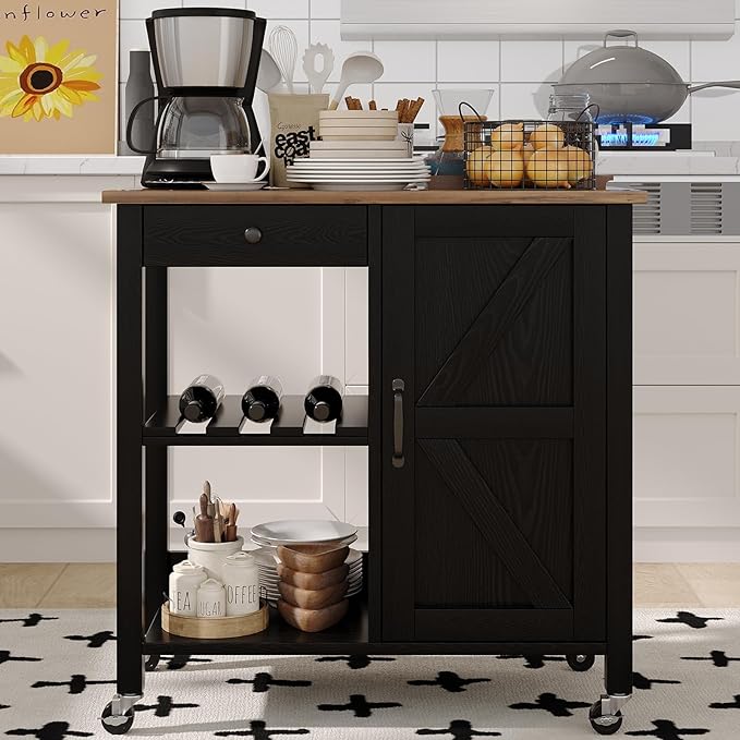 4 EVER WINNER Rolling Kitchen Island Cart with Storage, Bar Cart with Wine Rack and Adjustable Shelves, Small Kitchen Island on Wheels for Kitchen,Black
