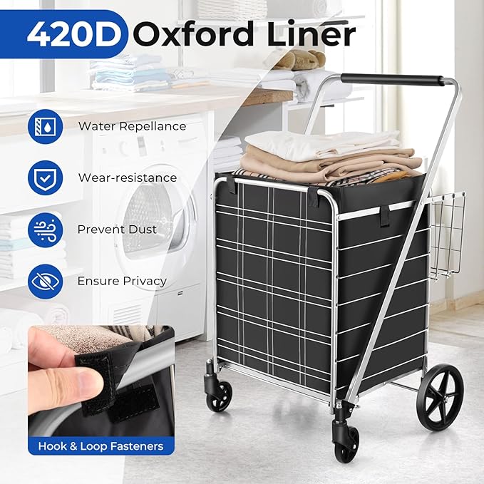 Goplus Shopping Cart for Groceries, Jumbo Upgraded Folding Grocery Cart with Waterproof Liner, 330 LBS Weight Capacity, 360° Swivel Wheels, 33 Gal Double Basket, Heavy Duty Foldable Utility Cart