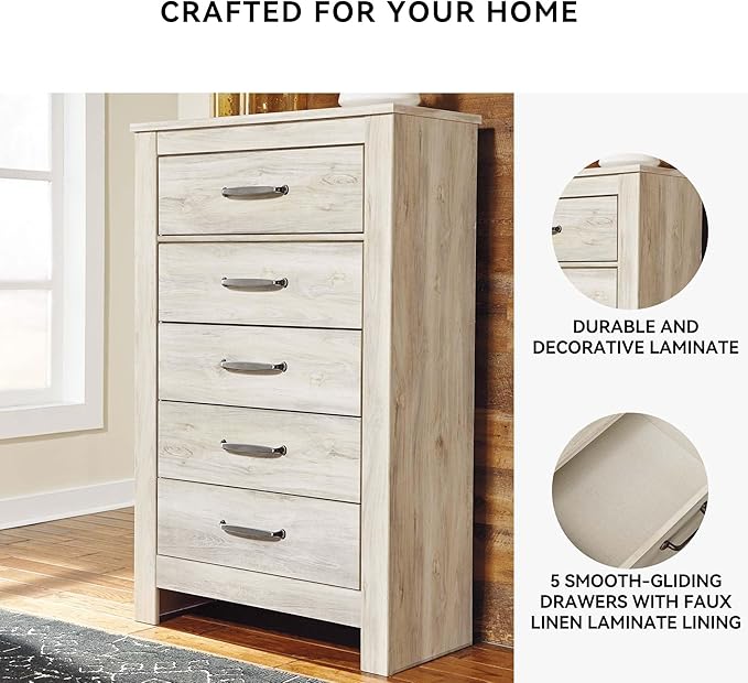 Signature Design by Ashley Bellaby Vintage Farmhouse 5 Drawer Chest of Drawers, Whitewash