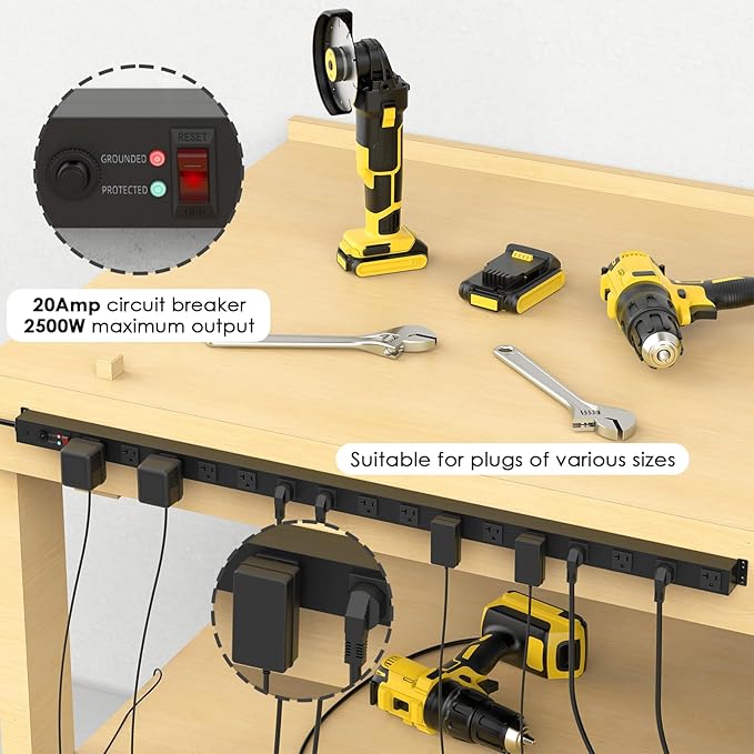 JUNNUJ Heavy Duty 20 Amp Power Strip,Wide Spaced Garage Industrial Heavy Duty Power Strip, Heavy Duty Power Strips Surge Protection 4800J with Circuit Breaker,5-15P Adapter High Amp 6-20R T-Slot