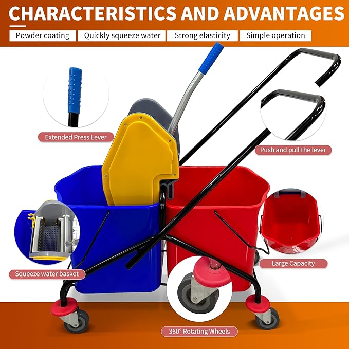 6.6 Gallons x 2 Commercial Mop Bucket with Wringer & Steel Frame | Heavy Duty Dual Bucket System | Separate Dirty Water On Wheels for Janitorial