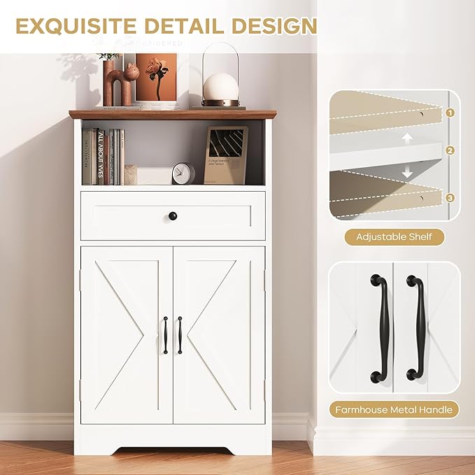 Floor Cabinet, Farmhouse Storage Cabinet with Barn Doors and Drawer, 11.81" D x 23.62" W x 39.37" H White Freestanding Adjustable Shelf Organizer for Bathroom, Kitchen, Living Room