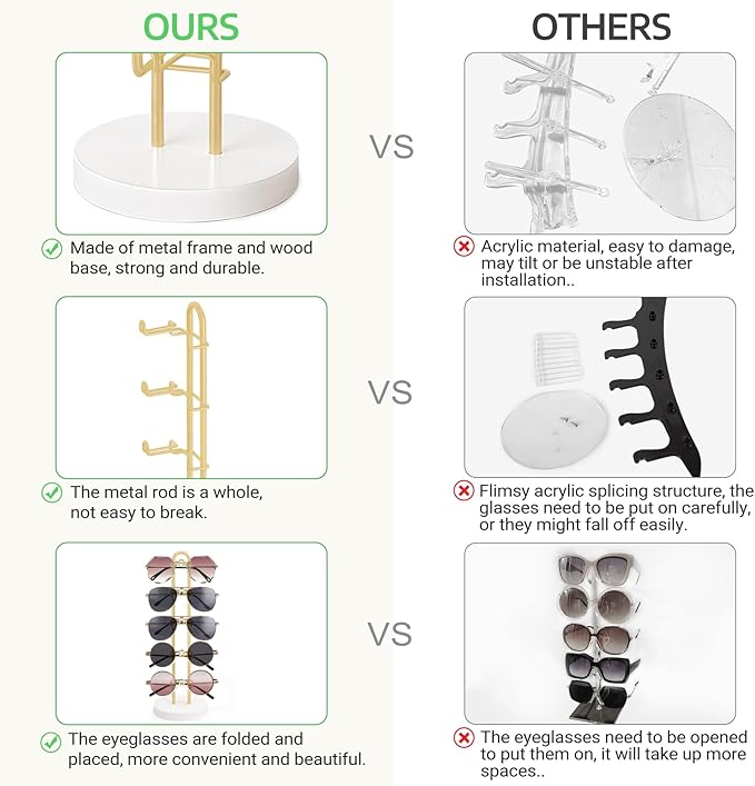 Mkono Sunglasses Organizer Glasses Holder Stand Sunglass Storage Eyeglasses Rack Metal Frame with Wood Base for 5 Pairs of Eyewear Display for Table Desk Countertop Dresser Bedroom, Set of 2, Gold