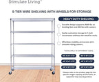 60"x18"x72" PRIME HEAVY DUTY Chrome 5-Tier Wire Shelving 4000 LBS MAX Capacity Storage Rack for Commercial, School, Home, Garage, Warehouse, Industrial, and Hospital Uses (with Wheels)