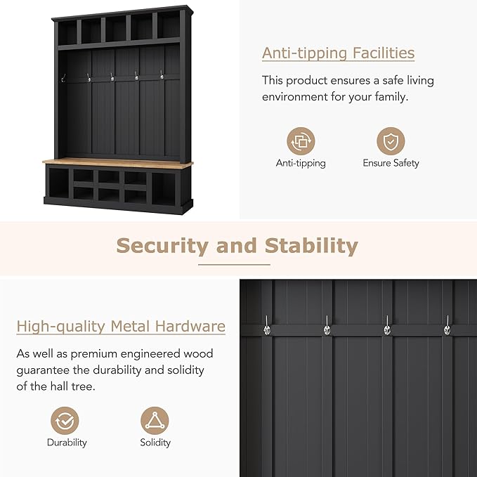 Farmhouse Wood Hall Tree with Bench and Shoe Storage, 5-in-1 Coat Rack with 6 Hooks for Entrance, Hallway Black