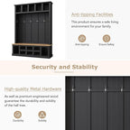 Farmhouse Wood Hall Tree with Bench and Shoe Storage, 5-in-1 Coat Rack with 6 Hooks for Entrance, Hallway Black