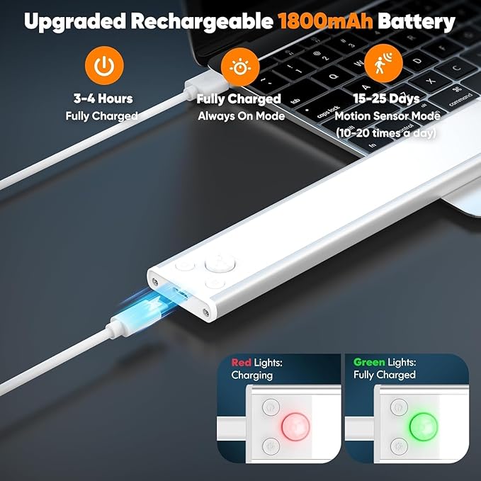 5-Pack 14'' Under Cabinet Lighting, 3200mAh Rechargeable Battery Operated Motion Sensor Lights Indoor with 108 LED&3 Color, Dimmable Wireless Magnetic Under Counter Closet Lights for Kitchen Stair