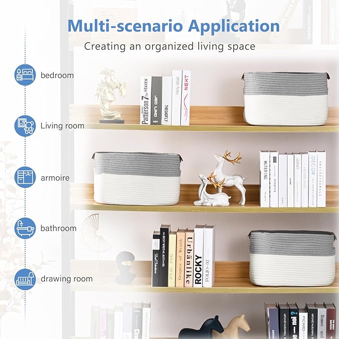 Cotton Rope Storage Baskets,15x10x9 in,Foldable Storage Bins, Decorative Woven Basket Cube Storage Organizer for Laundry, Towel, Clothes (White/Grey-3Pack, 15x10x9 inches)