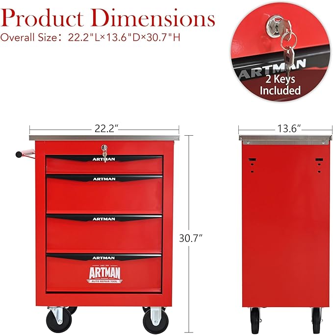 4-Drawer Heavy-Duty Rolling Tool Chest with Wheels & Steel Roof, Lockable Tool Chest Storage Cabinet for Garage, Workshop, Warehouse, and Repair Shop