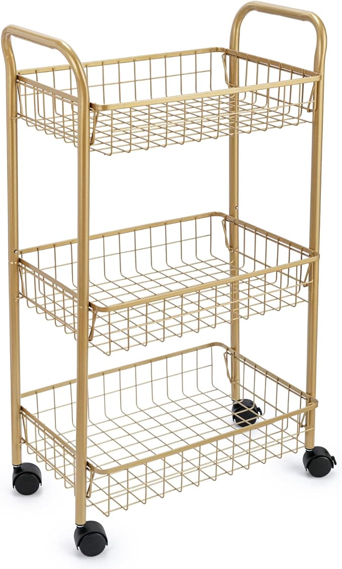 3 Tier Mesh Rolling Utility Cart, Gold Metal Organization Cart with Lockable Wheels, Multifunctional Storage Trolley Service Cart for Kitchen Living Room Office Salon