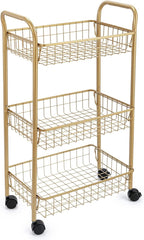 3 Tier Mesh Rolling Utility Cart, Gold Metal Organization Cart with Lockable Wheels, Multifunctional Storage Trolley Service Cart for Kitchen Living Room Office Salon