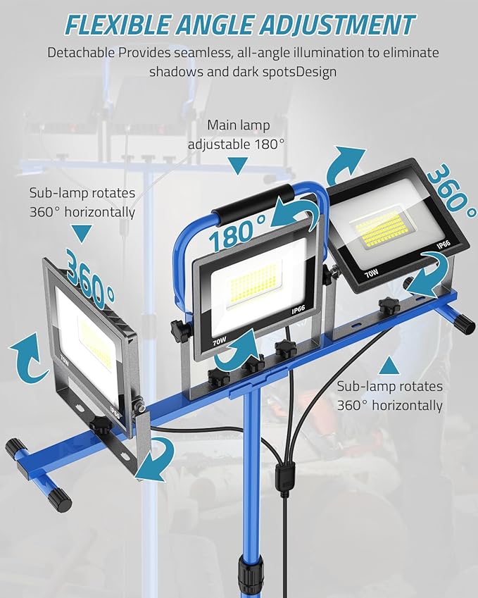 PAULINN 21000 Lumen Work Lights with Stand, 3 Adjustable Head LED Work Light with Foldable Stand and 16FT Cord, IP66 Waterproof Led Construction Light