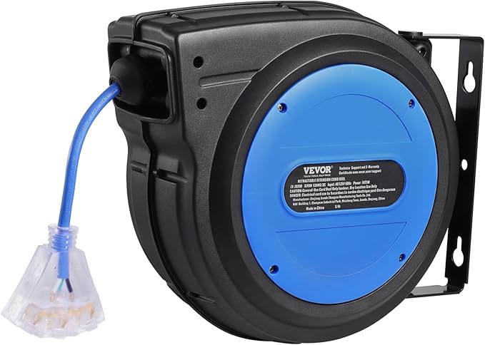 VEVOR 65FT Retractable Extension Cord Reel, 12AWG/3C SJTOW Heavy Duty Power Cord w/Lighted Electrical Triple Tap Outlets, 15A Circuit Breaker,180° Swivel Bracket for Workshop or Garage, Blue