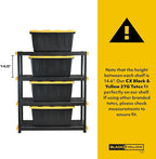 CX Black & Yellow, 4-Tier Heavy Duty Plastic Storage Shelving Unit, 200lbs/shelf (55"H x 48"W x 20"D), for Garage Tools, Basement & Outdoor Organization, Modular Rack
