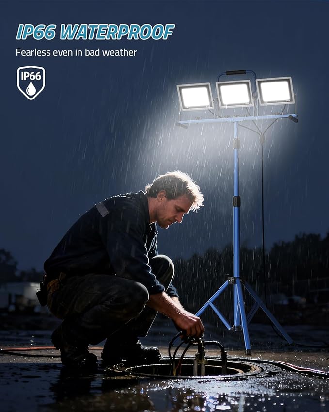 PAULINN 21000 Lumen Work Lights with Stand, 3 Adjustable Head LED Work Light with Foldable Stand and 16FT Cord, IP66 Waterproof Led Construction Light