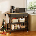 Gizoon Kitchen Island Cart with Storage, 40’’ Wooden Top, 2 Tiers Spacious Shelves and Towel Bar, 2 Drawer Mobile Trolley Cart On Metal Wheels with Hooks for Dining Room, Bar, Outdoor, Black