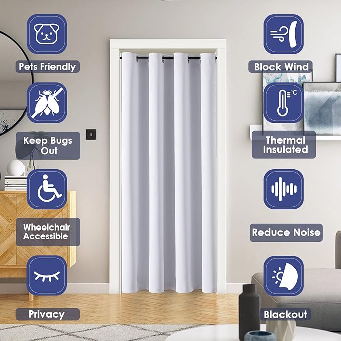 ChrisDowa Blackout Door Curtains for Doorway Privacy, Grommet Closet Curtain for bedroom closet door, Thermal Insulated Temporary Door Cover Room Divider Curtain (1 Panel, Greyish White, 42 x 80 Inch)