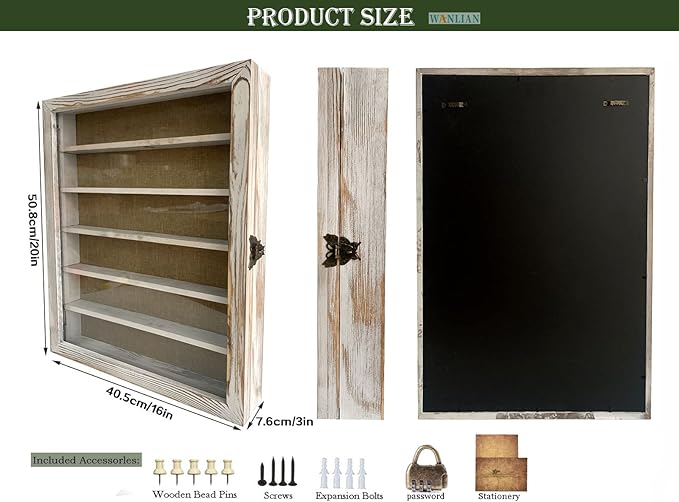 WANLIAN Large Shadow Box with Shelves, 16x20 Wooden Shadow Box Display Cabinet with Acrylic Window ，5 Removable Shelves and Linen Back ，for Displaying Photo Souvenir Collection（Rustic White）