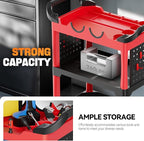 Auto Dynasty 3-Level Rolling Cart Trolley Storage Detailing Cart with Cup Holders Pegboard 120 kg/260 Lbs Capacity on Wheels Fits Garage, Warehouse, Home and Workshop, Black/Red