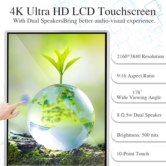 55" 4K LCD Touchscreen Digital Signage Display, Indoor Floor Standing Advertising Player, Commercial Digital Signage Kiosk with Auto AD Player, HDMI WiFi Bluetooth Input, Android 12.0 Black