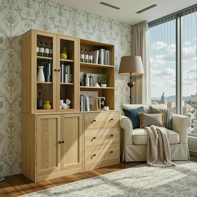 TUSY 71" H Bookshelf Bookcase with Doors, 3-Tier Modern Bookshelves with 3 Large Drawer, Display Bookcase with Glass Doors, Modern 5-Tier Curio Cabinet for Home Office, Dining Room (Wood, ABBA)