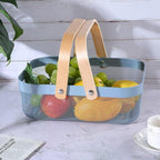 Metal Mesh Steel Basket, Storage Organizer Baskets Garden Harvest Basket Multi-functional Kitchen Fruit Baskets Bin with Wooden Handle for Bathroom Picnic Shopping Decor Cabinet Home, Blue