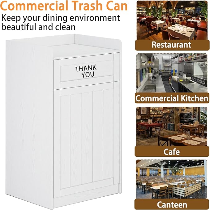 40 Gallon Trash Can Cabinet, Wooden Restaurant Trash Can with Tray Holder, Large Commercial Garbage Cabinet for Restaurant Cafeteria Office, White
