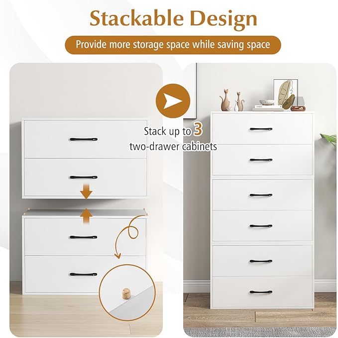 POWERSTONE 2 Drawers Storage Cabinets, Wooden Dresser Organizer, Under Desk Storage for Living Room, Bedroom, Home Office, White