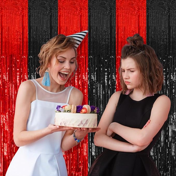 10 Pack Black and Red Party Backdrop Streamers Decorations Foil Fringe Curtains Metallic Tinsel Backdrop for Birthday Halloween Christmas New Year Fancy Ball Graduation Party Decor