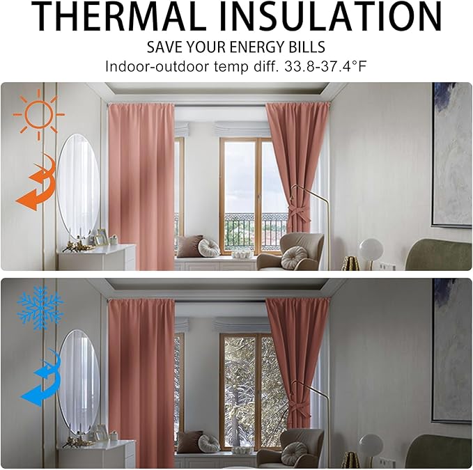 JIUZHEN Blackout Curtains for Bedroom - Thermal Insulated Noise Reducing Privacy Short Curtain for Living Room, Set of 2 Panels with Tiebacks, 42 x 54 inches Long,Dusty Rose