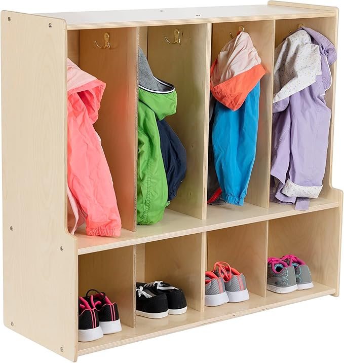 4-Section Coat Locker with Bench & Cubby Storage Organizer Cubes, Wooden Backpack Storage Organizer with Coat Hooks and Cubbies for Kids, Daycare, Classroom