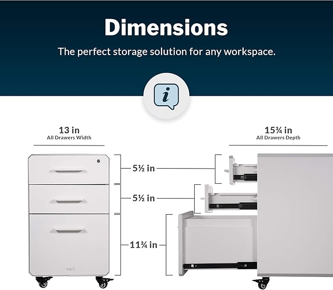 Vari File Cabinet for Office Storage with Three Drawers - Roll & Lock Caster Wheels (White)