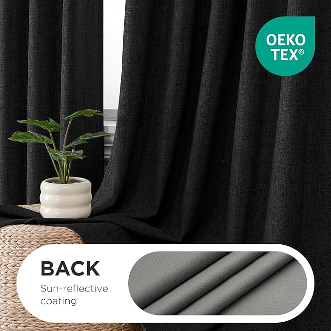 Joydeco Pinch Pleated Curtains - 100% Blackout for Bedroom, Black Linen Curtains 40" W x 72" L, Thermal Insulated 2 Panels Light Blocking Drapes, Back Tabs for Living Room