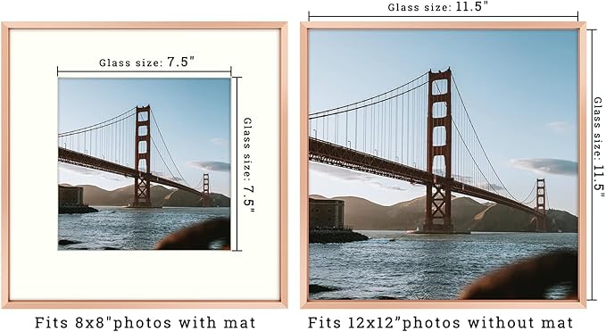 Frametory, 12x12 Metal Picture Frame with Mat for 8x8 Picture & Real Glass, Aluminum Photo Frame Collection (Rose Gold, 1 Pack)