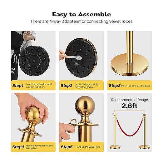 VIVOHOME Stainless Steel Stanchion Post Queue 4PCS Pole w/ 2 Red Velvet Ropes, Crowd Control Barriers w/Fillable Base for High-end Venues, Museums, Party Supplies (4 Pieces, Golden)