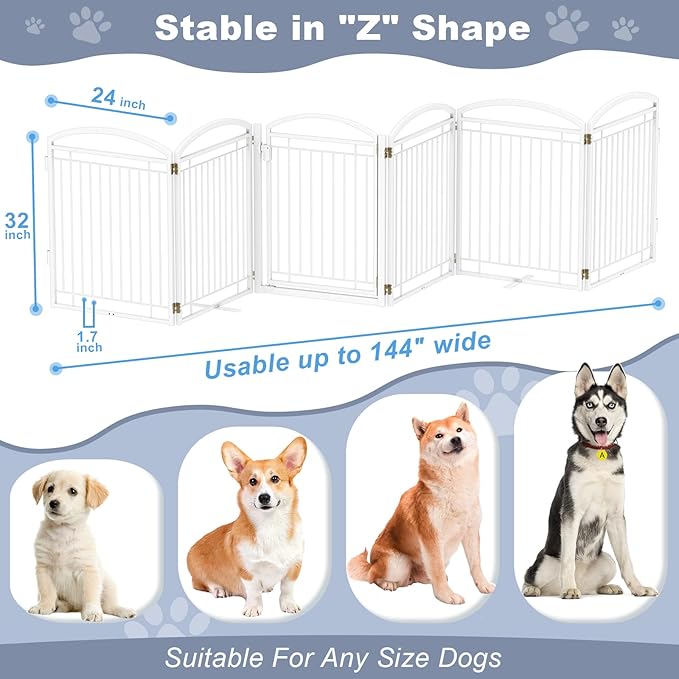 Full Metal Free Standing Dog Gate with Door for Indoor Outdoor, 144'' Extra Wide 36'' Tall Dog Gate for Doorways,Large Openings,Decks,Freestanding Portable Pet Fence(6 Panels,White)
