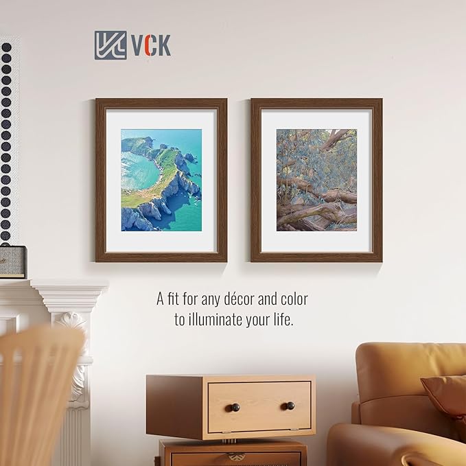 VCK 11x14 Picture Frame 5 Pack - Brown, High-End Wood Poster Frames with Tempered Glass, Display 8x10 Photo with Mat or 11x14 without Mat, Art Gallery-Quality, Wall Hanging, Brown