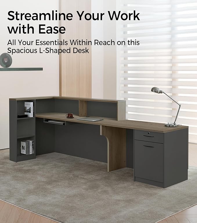 Modern L-Shaped Reception Desk with Counter - 71 inch Front Desk Reception Counter with Open Shelves, Lockable Drawer & Keyboard Tray for Office, Lobby, Checkout (Tobacco Wood + Iron Gray - Left)