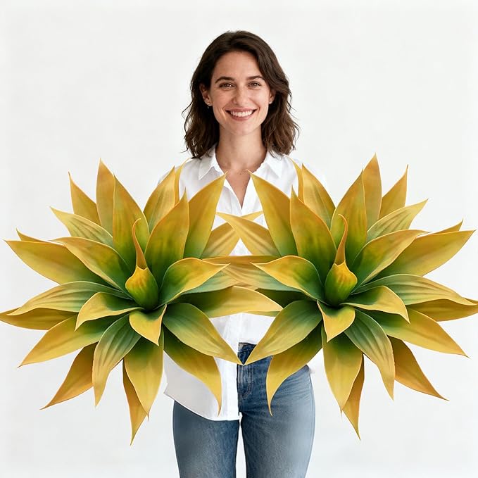 Artificial Plants Outdoors Faux Agave Fake Greenery Outdoor Artificial Plant 28" Fake Plant for Indoor Home Decor Plastic Plant Outdoor Decor Front Porch Decor Faux Cactus(Yellow 2Pcs)No Vase