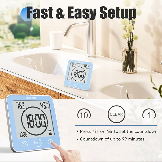 Baldr Shower Clock Waterproof Bathroom Clock with Timer/Temperature/Humidity, Digital Timers for Kids and Adults, Bath Kitchen Study, Blue