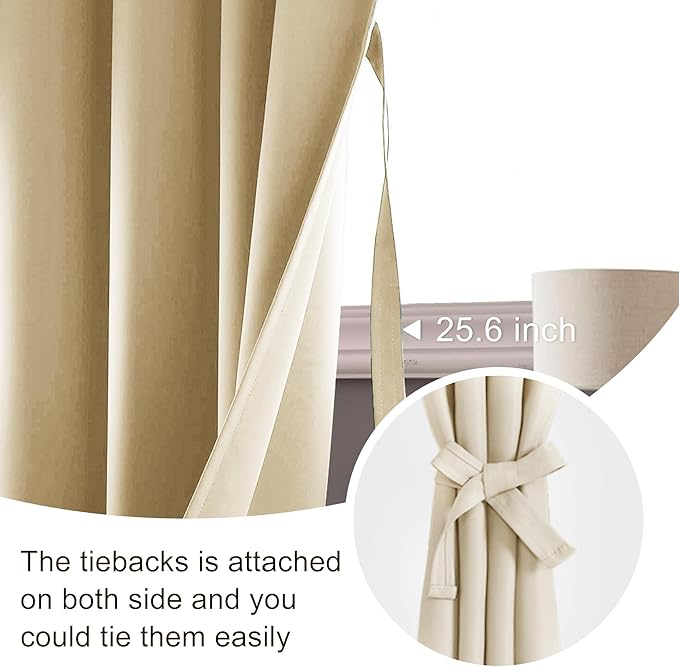 JIUZHEN Blackout Curtains for Bedroom - 60 Inch Extra Wide Thermal Insulated Room Darkening Privacy Soundproof Curtains for Living Room/Dorm Room, Set of 2 Panels, 60 x 84 inches,Light Beige