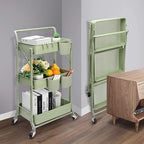 Foldable 3 Tier Rolling Cart, Metal Utility Cart, Folding Mobile Multi-Function Storage Trolley Organizer Cart for Home Library Office(Green)