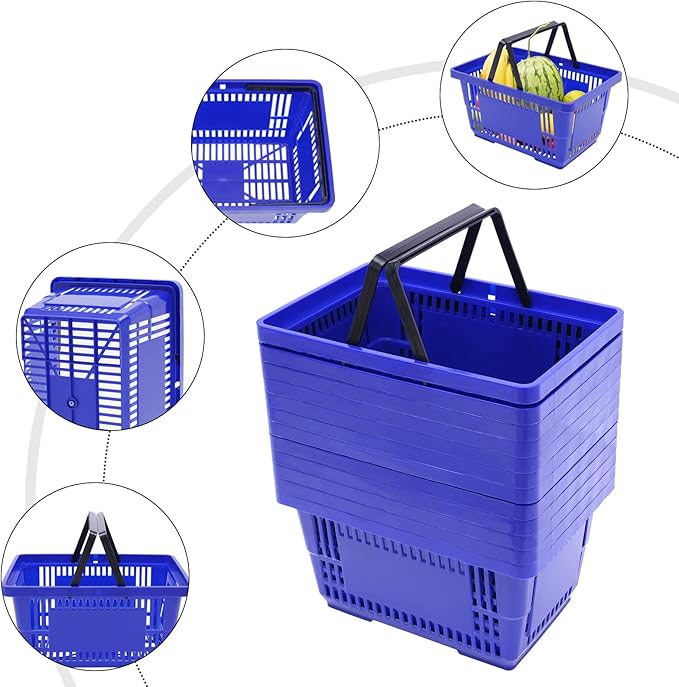 12PCS Shopping Baskets with Handles, Portable Wire Shopping Basket,Open&Stackable Design for Supermarket, Retail, Bookstore (Blue).
