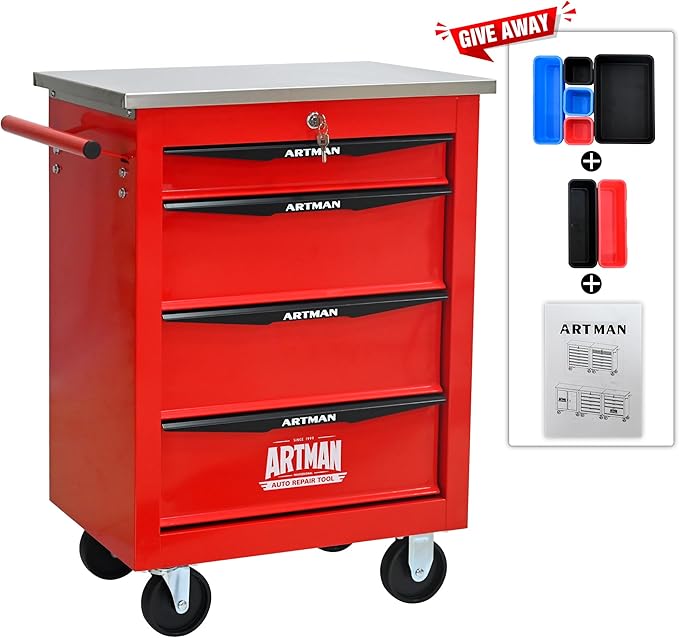 4 Drawer Rolling Tool Chest with Locker, 22.2" D Metal Movable Lockable Tool Cart Box Multi-Functional Hardware Storage Cabinet Box for Warehouse Basement Home Pantry Garage