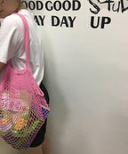 2Pcs Portable Reusable Mesh Cotton Net String Bag Organizer Shopping Tote Handbag Fruit Storage Shopper NEW (beige02 orange02)
