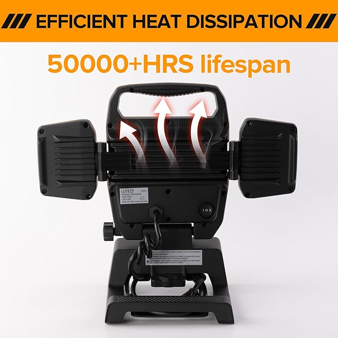 LUTEC 91.6W 10000 Lumen LED Work Light, Foldable Work Lights with 3 Adjustable Head, Portable Corded Construction Lights Job Site Lighting