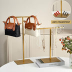 Display Stand Stainless Steel Jewelry Towers Bag Stand Tabletop Double Hook Hanging Jewelry Stands for Necklaces Organizer Stand Adjustable Height Home Store Boutique, Gold