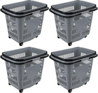 Readsky 4-Pack Large Plastic Rolling Shopping Basket with Handles, 50 L Shopping Basket with Wheels for Supermarkets Retail Stores, Gray